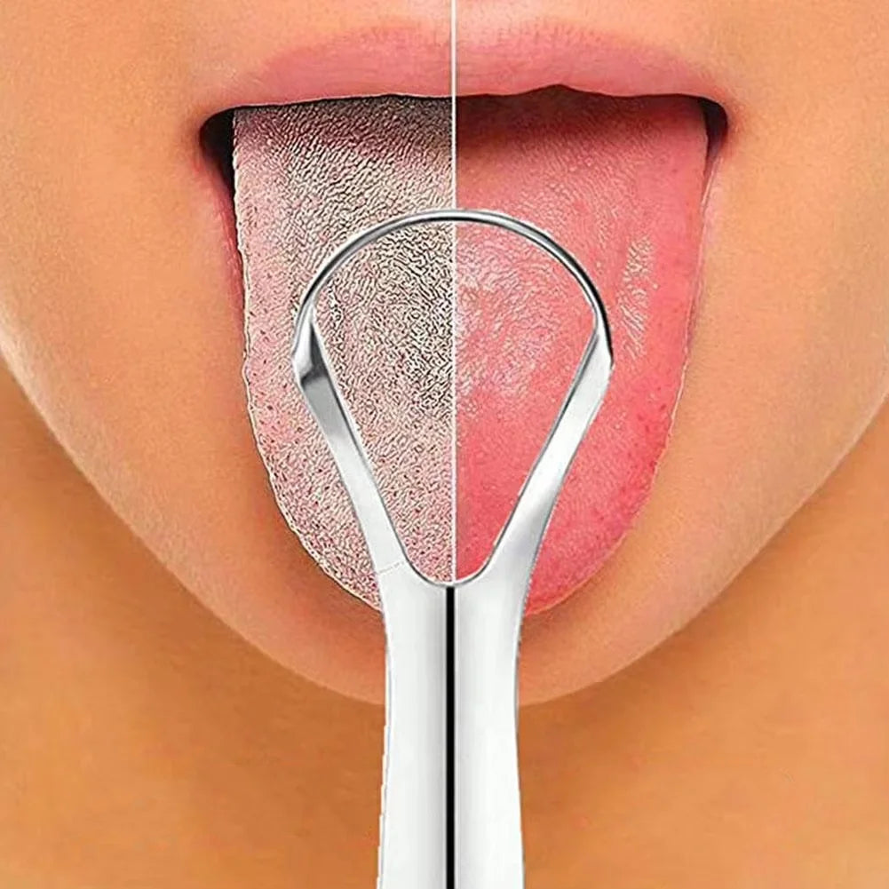 A stainless steel tongue and gum scraper set is shown scraping the inside of a person's mouth.