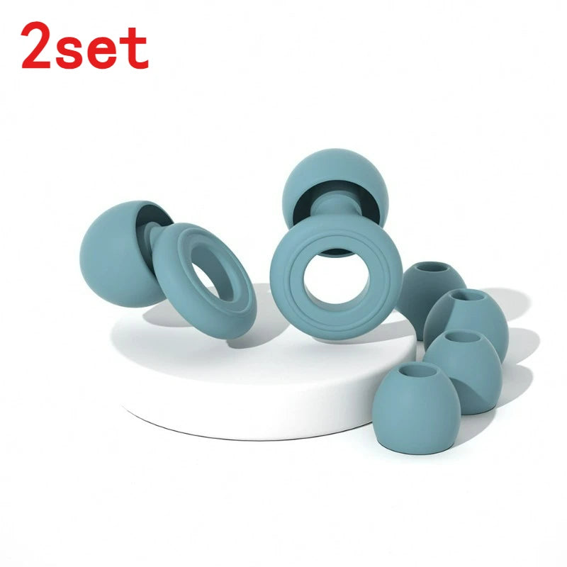 A set of light blue silicone ear plugs for sleep and protection, shown in various sizes.