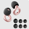 A set of pink and black silicone ear plugs for noise reduction, shown in various forms.