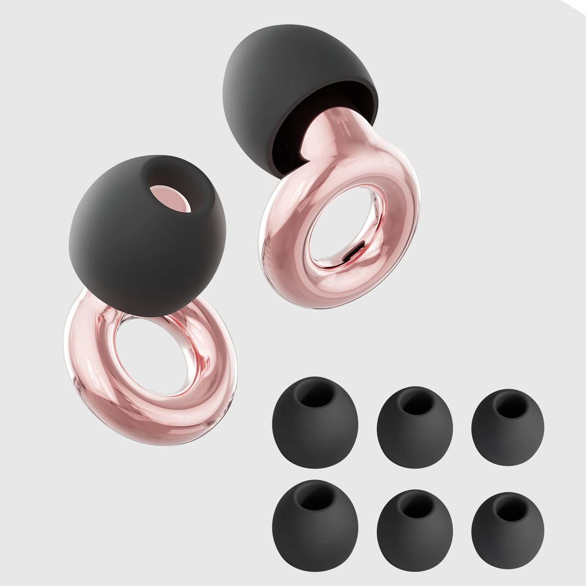 A set of pink and black silicone ear plugs for noise reduction, shown in various forms.