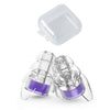 A pair of clear silicone earplugs with purple tips and a storage case are shown.