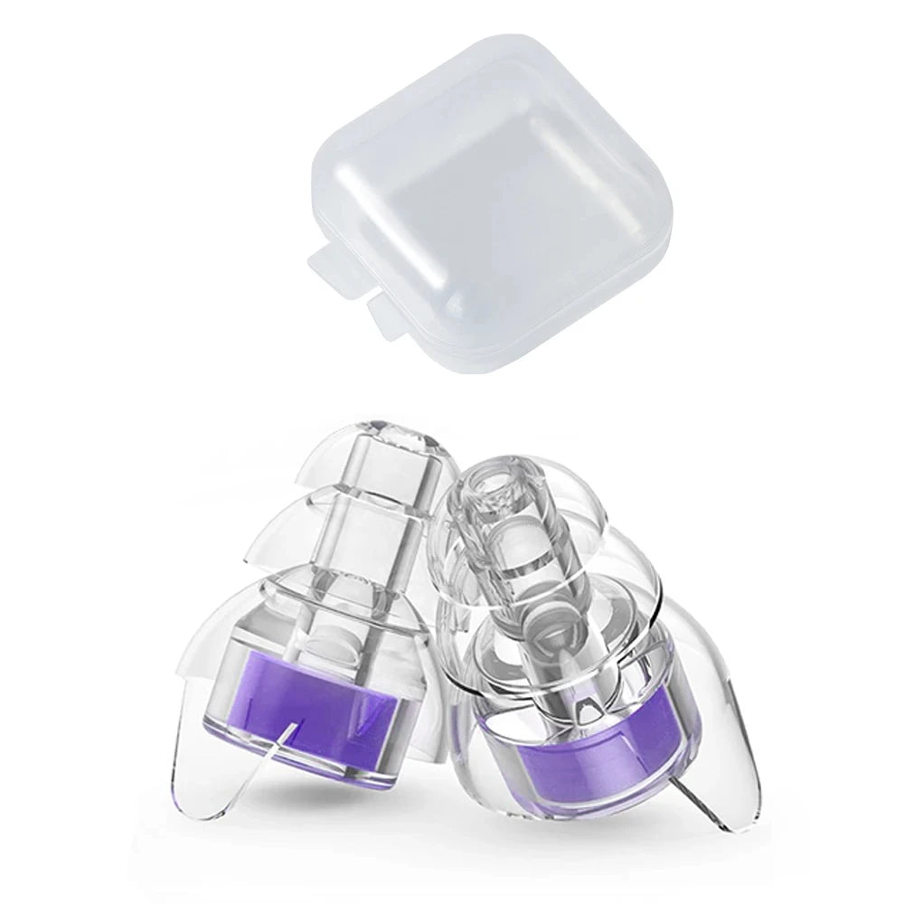 A pair of clear silicone earplugs with purple tips and a storage case are shown.