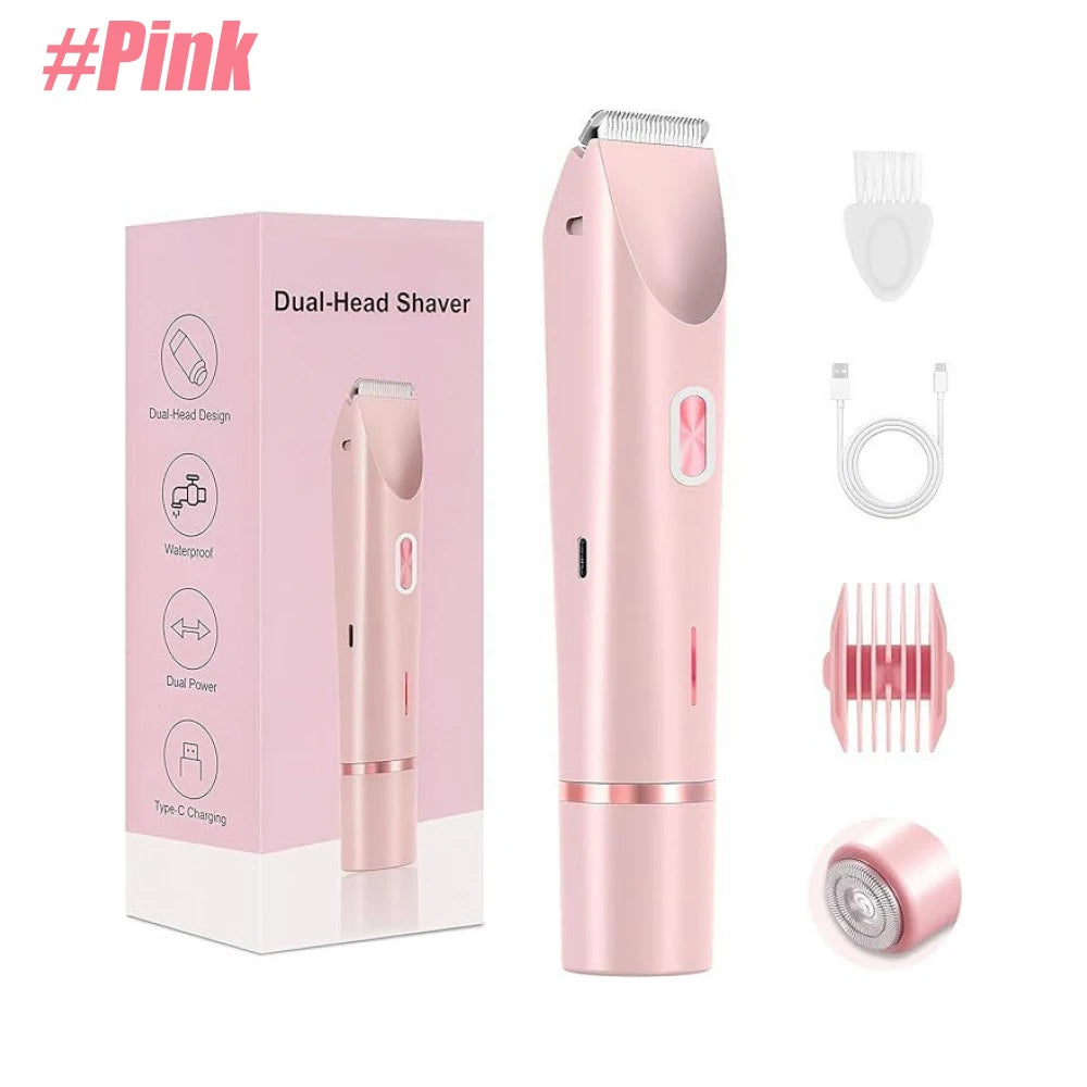 Rosa Elektroscherer mit zwei Köpfen und Zubehör neben der Verpackung.