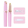 A pink portable electric trimmer for eyebrows and facial hair, shown with its charging cable and a detached trimming head.