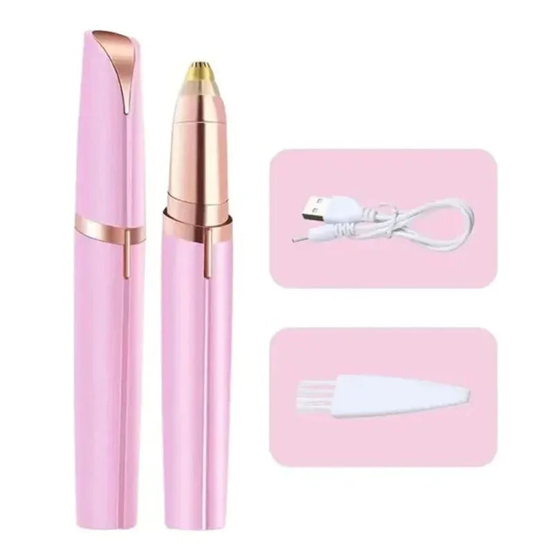 A pink portable electric trimmer for eyebrows and facial hair, shown with its charging cable and a detached trimming head.