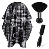 Black barber hair cutting cape and styling accessory set with various tools