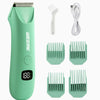 A light green precision LED hair removal trimmer with multiple interchangeable attachments and a cord.