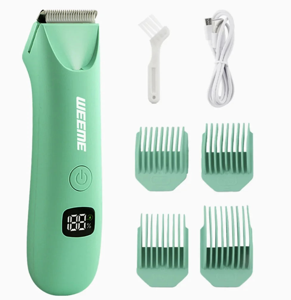 A light green precision LED hair removal trimmer with multiple interchangeable attachments and a cord.