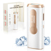 A white and rose gold IPL hair removal device is shown next to ice cubes.