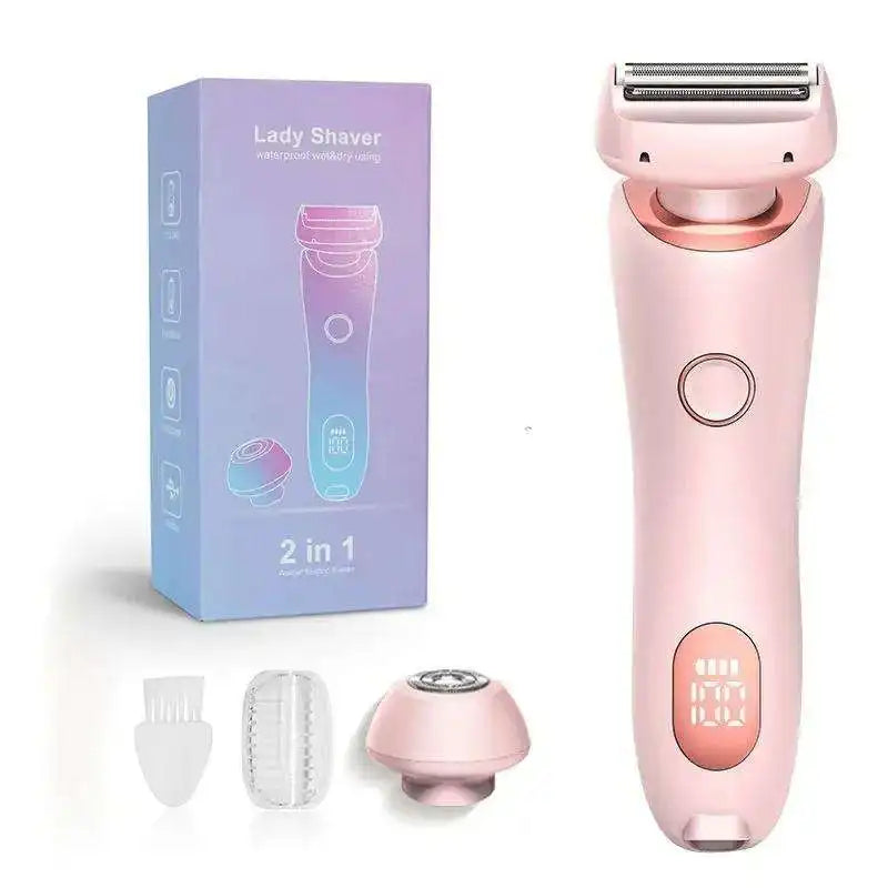 A pink 2-in-1 electric shaver set shown with its packaging and individual components.