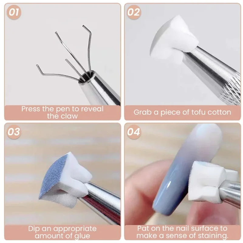 Quatre étapes montrant comment utiliser un kit de tampons pour nail art à dégradé pour vernis gel