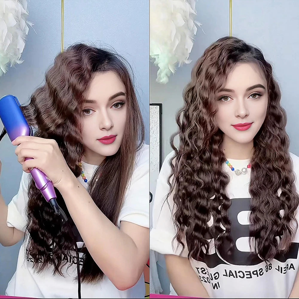 A woman is using a purple ceramic hair waver to style her long, dark brown wavy hair.