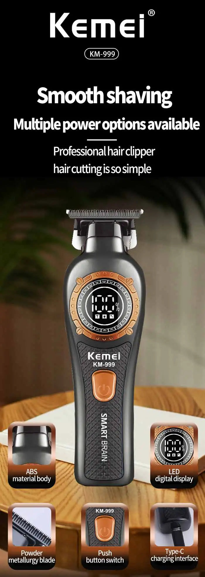 Kemei KM-999 electric hair clipper with ABS body, showing various components like the blade and charging interface.