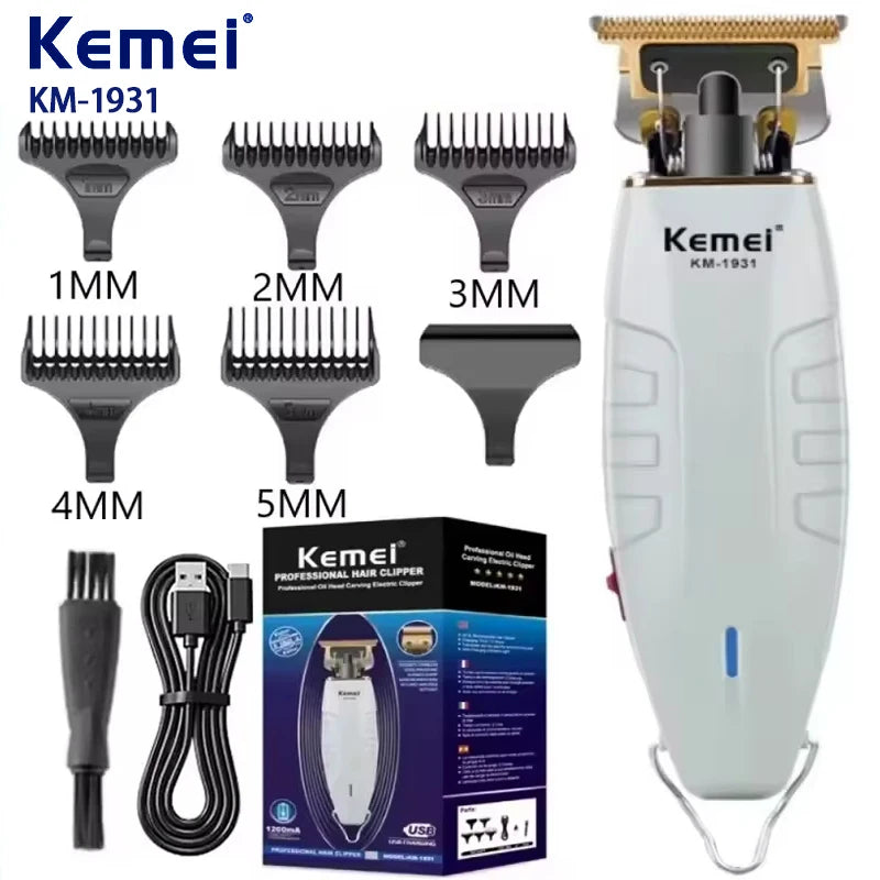 A set of Kemei professional cordless hair clippers and trimmers in black and white packaging.