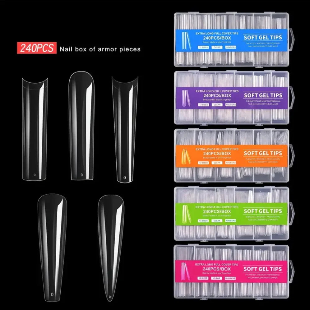 Boîte de 240 ongles press-on en forme de C allongés et transparents pour manucures DIY