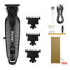 A black professional rechargeable electric hair clipper trimmer with multiple guard attachments and a manual.