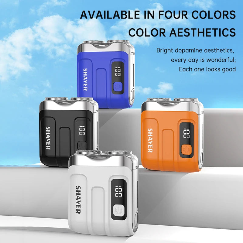 Four colored mini electric smart shavers displayed in various shades of blue, black, orange, and white.