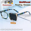 Pair of photochromic multifocal reading glasses with a tortoiseshell frame shown outdoors