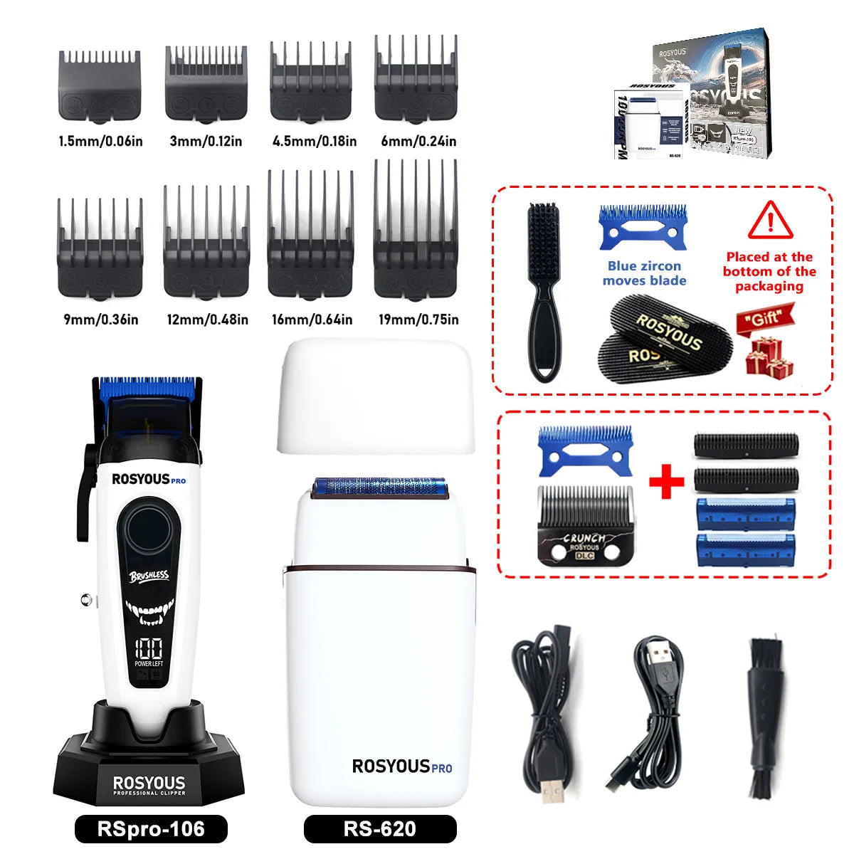 A collection of hair clipper attachments and a Rosyous Pro electric hair clipper device.