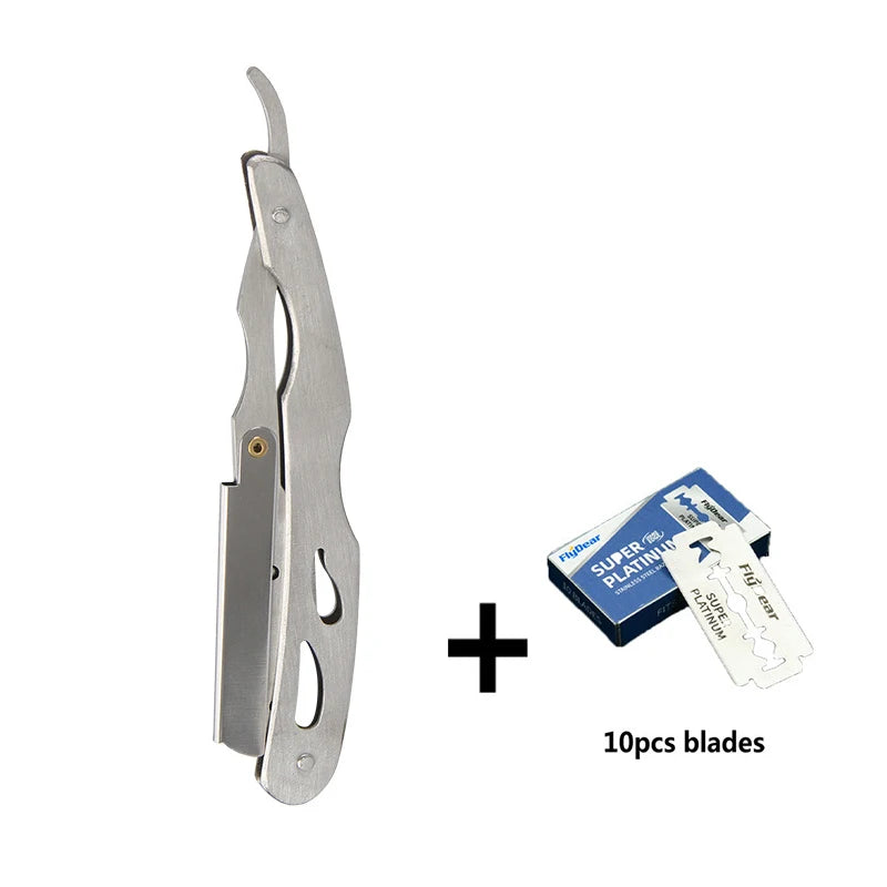 A set of ten stainless steel straight edge barber blades with a handle and packaging.