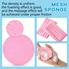 Pink compressed facial sponges shown in various forms, including a circular disc and rectangular strips.