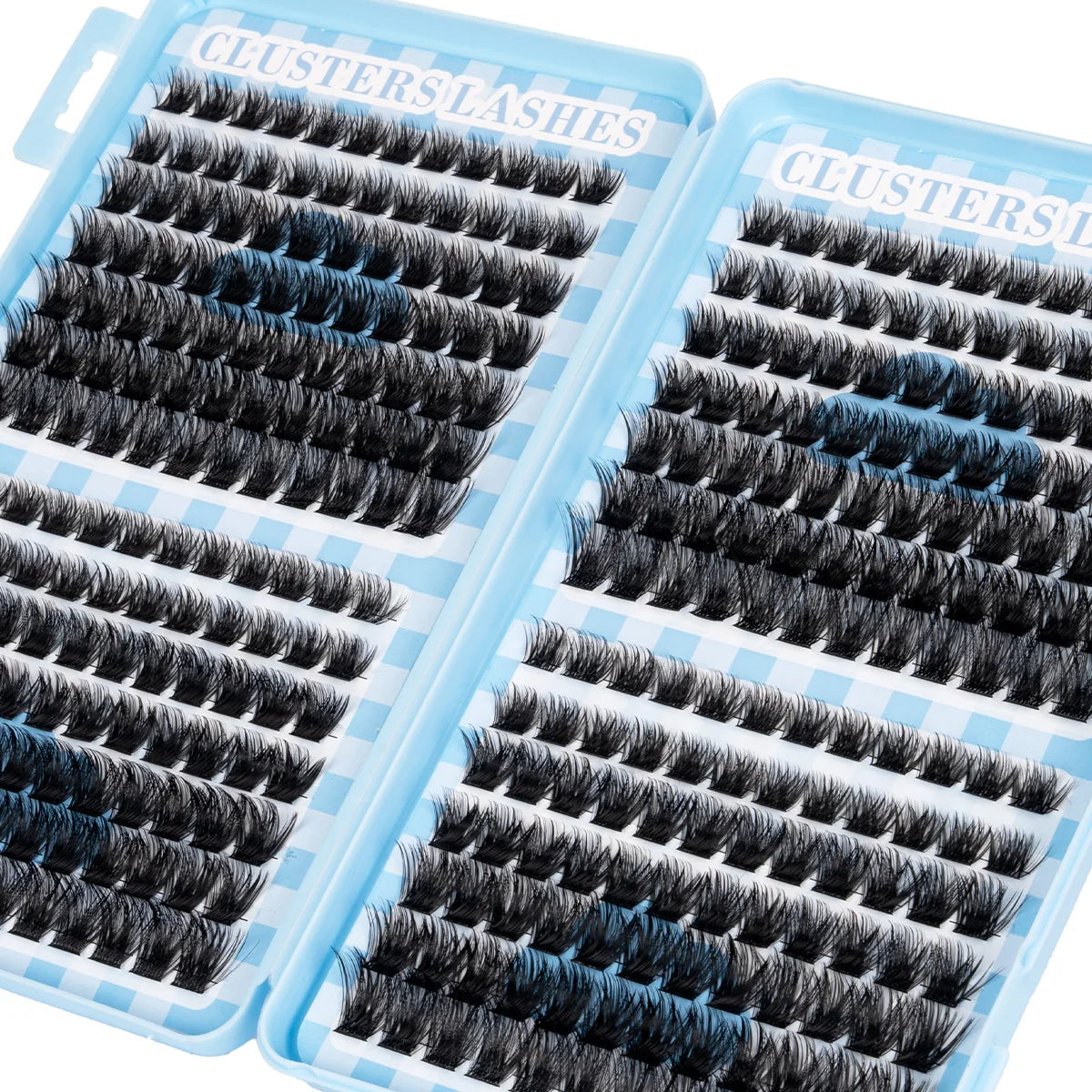 A pair of blue plastic lash trays filled with black and blue clusters lashes.