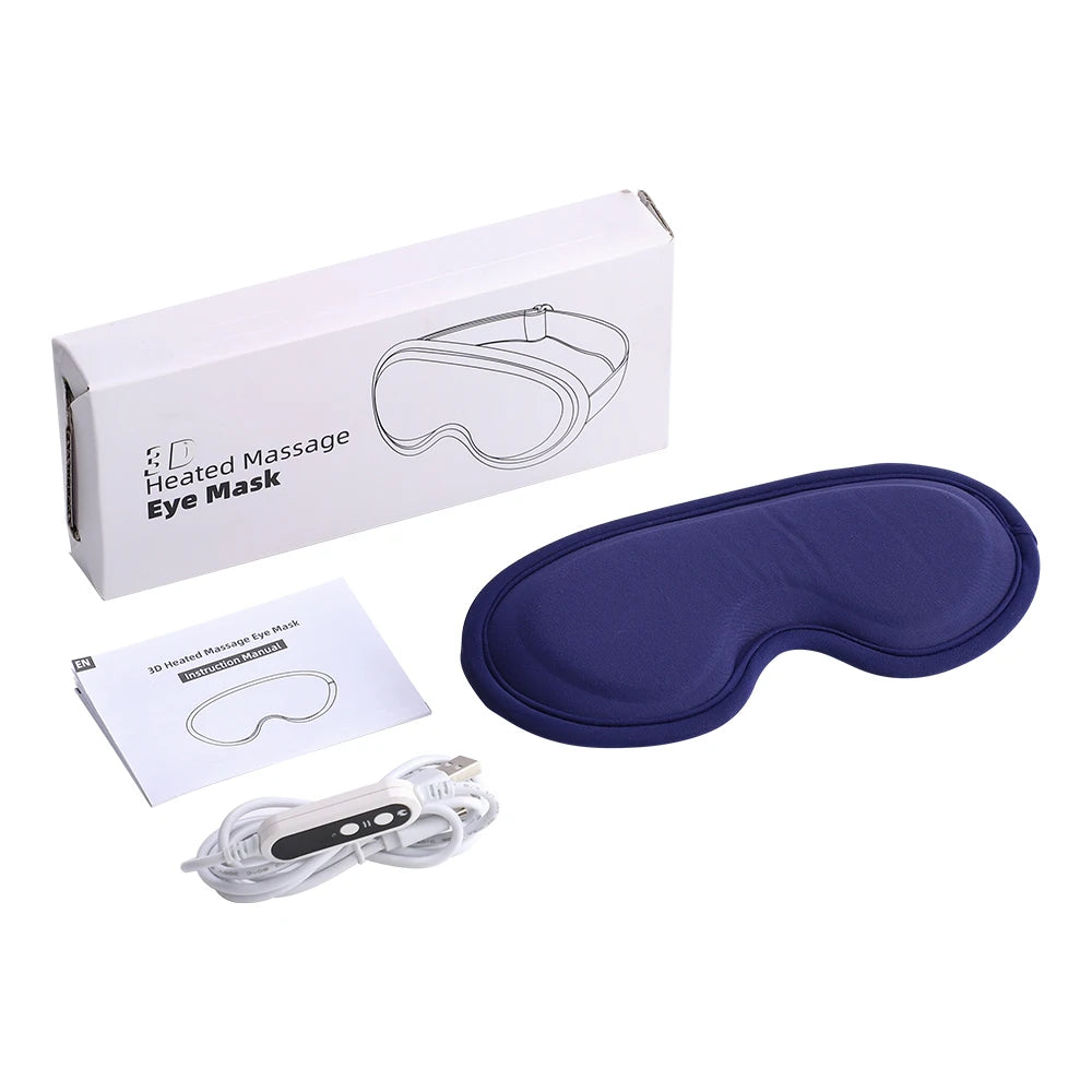 A box and a purple heated massage eye mask with a charging cable are shown.