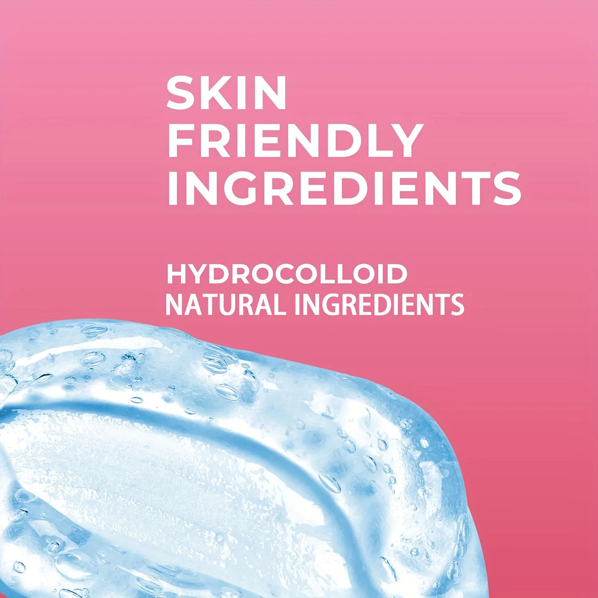 Gros plan d'un patch d'hydrocolloïde transparent sur fond rose, mettant en avant les ingrédients doux pour la peau.