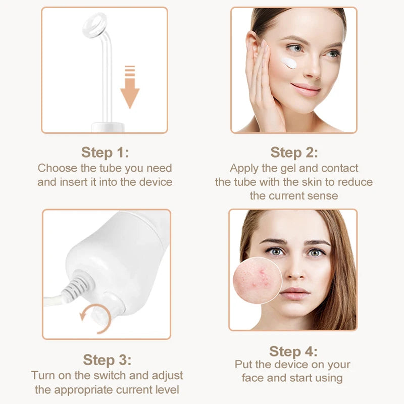 Instructions for using a high frequency facial electrotherapy wand, showing steps to select the tube, apply gel, turn on the 