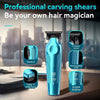 Blaue professionelle Haarschere mit Schalter, Type-C-Schnittstelle und digitaler Anzeige auf Holzoberfläche
