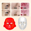 Máscara facial LED roja y máscara facial blanca con resultados de rejuvenecimiento de la piel antes y después.