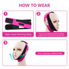 Instructions showing how to wear a pink facial slimming strap for V-line contouring on a mannequin head.
