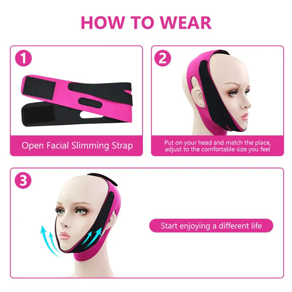 Instructions showing how to wear a pink facial slimming strap for V-line contouring on a mannequin head.