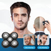 A set of five universal shaver replacement heads for wet and dry shaving shown next to a man's face.