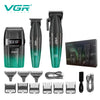 A set of professional cordless hair trimmers and accessories including various guards and attachments.