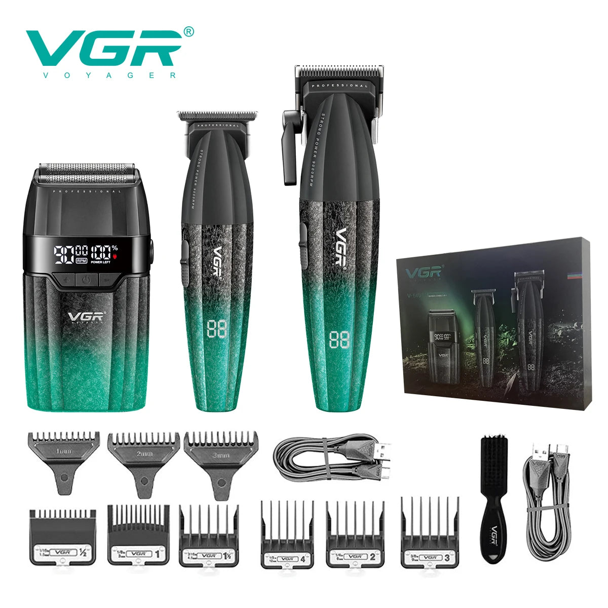 A set of professional cordless hair trimmers and accessories including various guards and attachments.