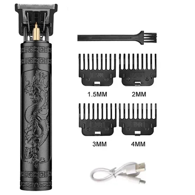 A set of professional electric hair clippers with dragon designs and various length guards.