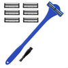 A blue multi-layer silicone back shaver razor with multiple shaving heads and a cleaning brush.