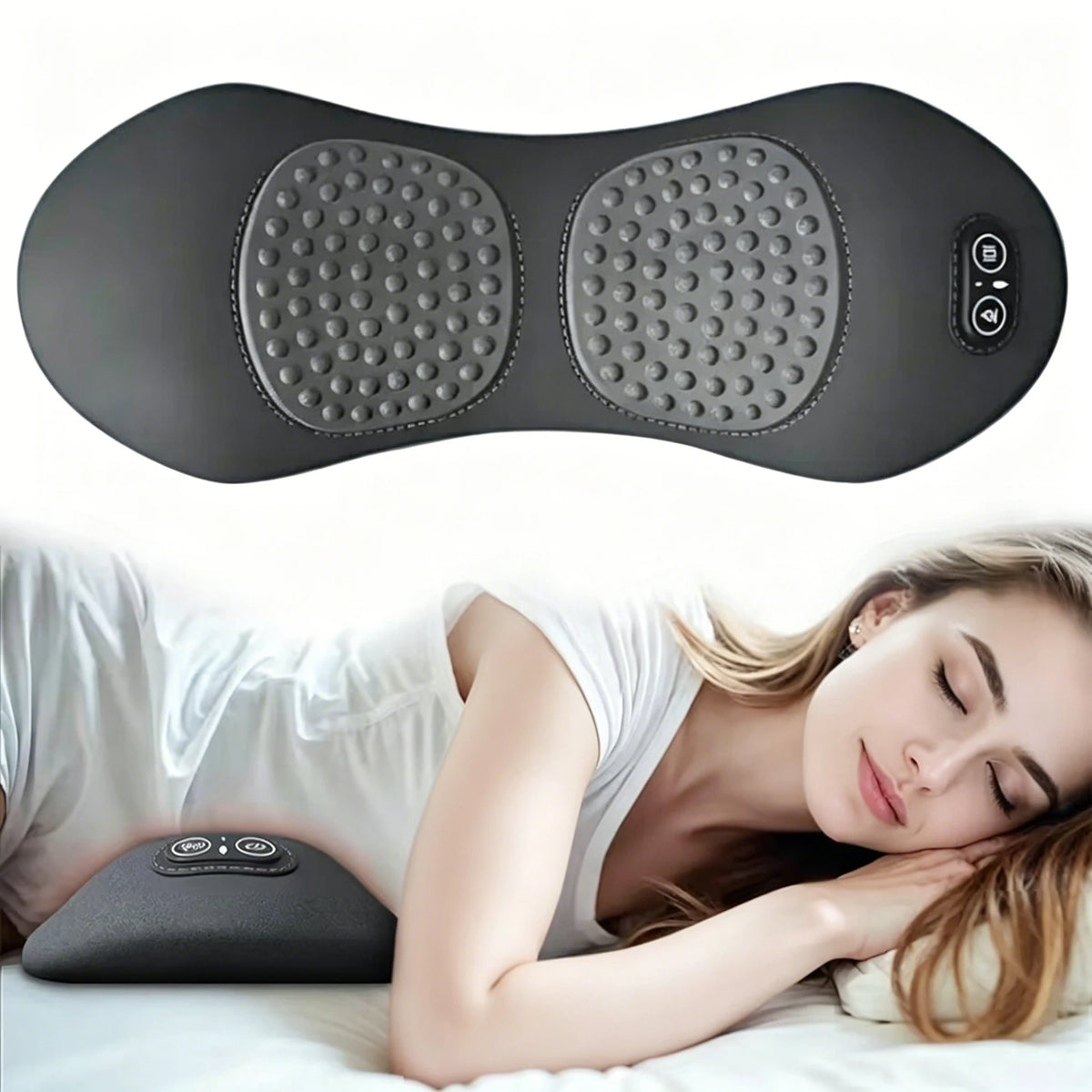 A black electric lumbar support massage pillow is shown being used by a woman lying down.