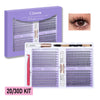 A box and a white kit containing purple eyelash cluster extensions and tools for DIY lash application.