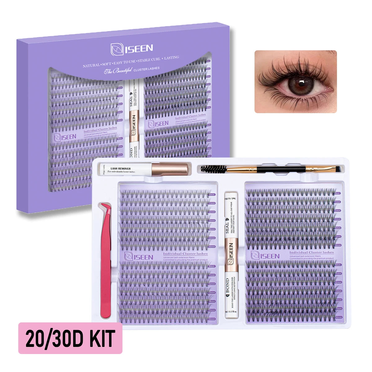 A box and a white kit containing purple eyelash cluster extensions and tools for DIY lash application.