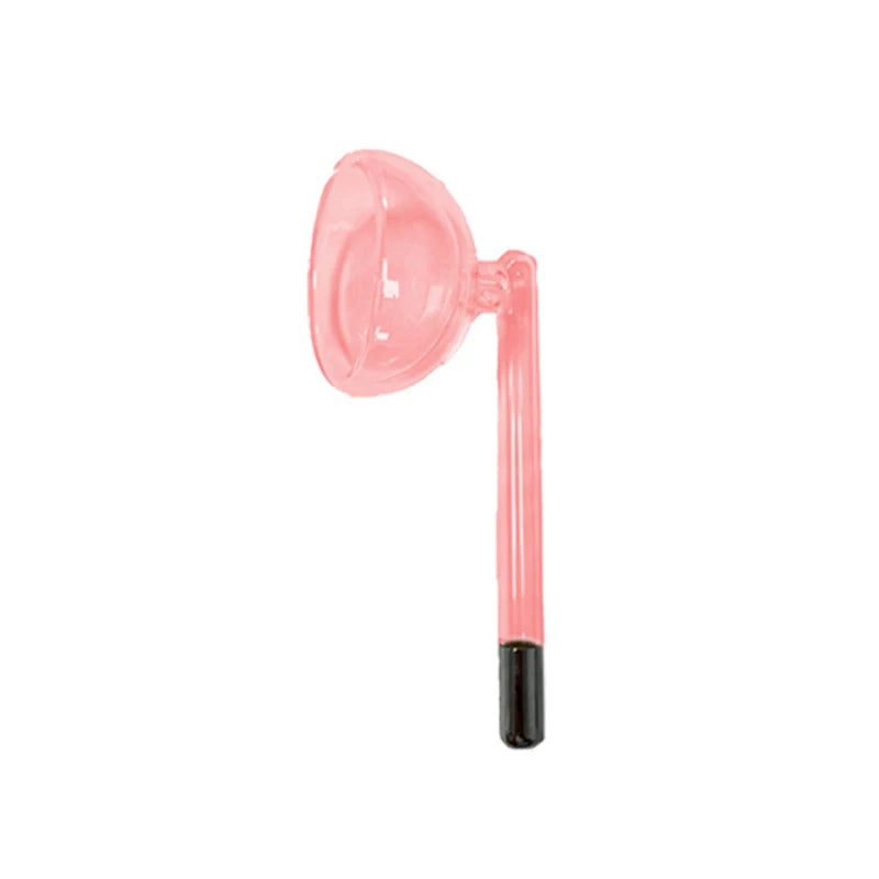 A pink high frequency facial electrotherapy wand with a rounded head and a long, slender handle.