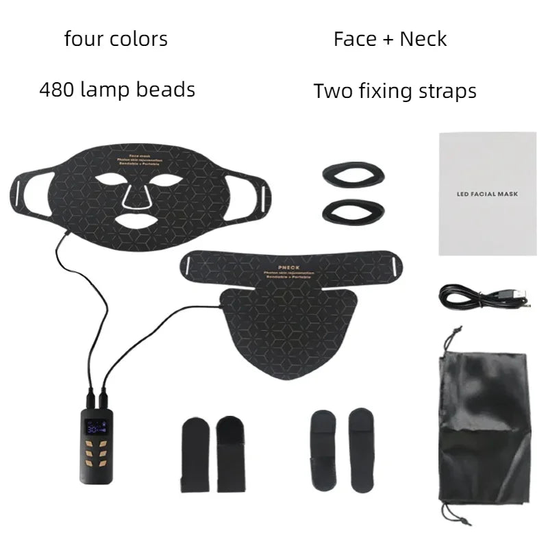 Black LED facial mask with four colors, 480 lamp beads, and two fixing straps.