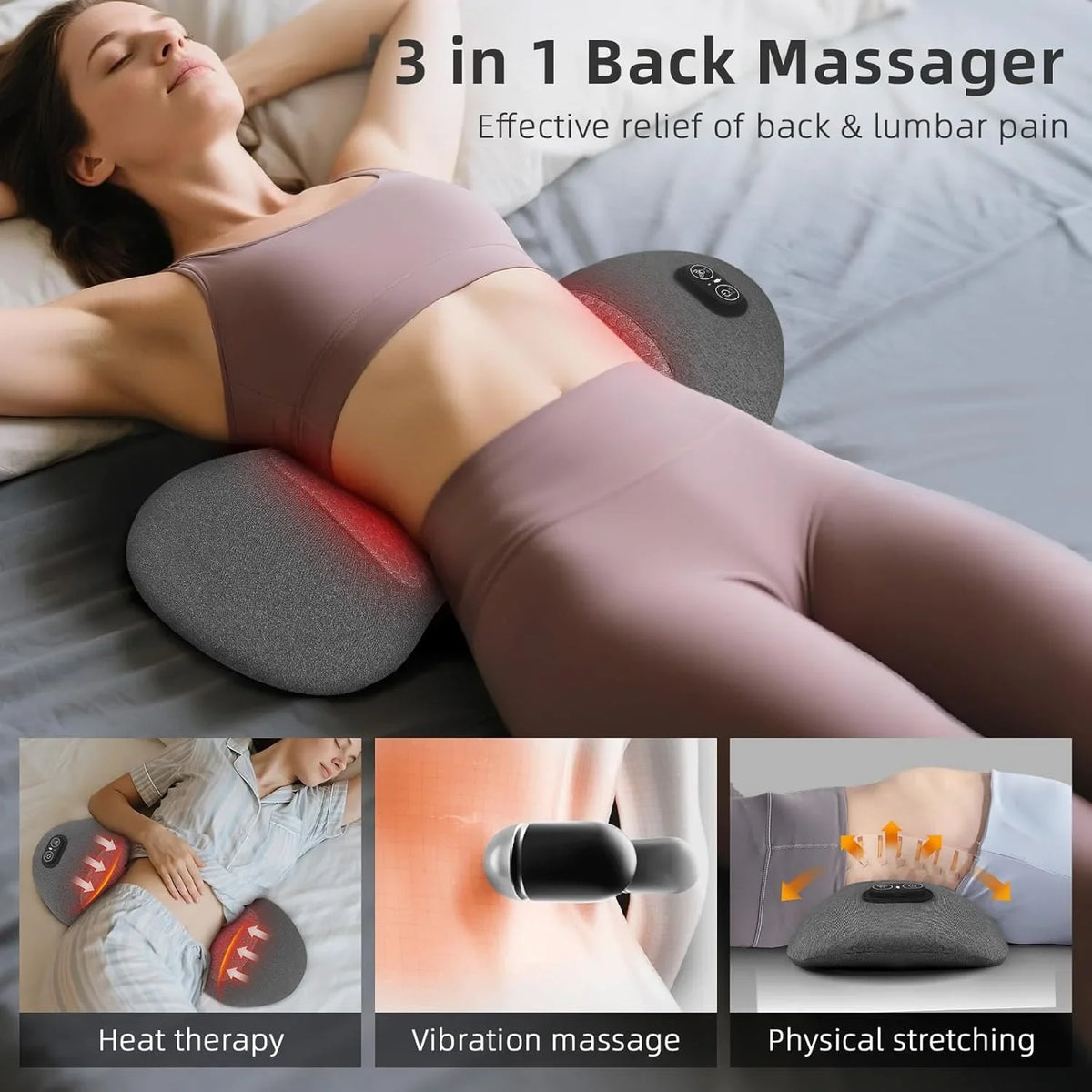 Eine Frau benutzt einen 3-in-1 Rückenmassierer für Wärmetherapie, Vibrationsmassage und Dehnung ihres unteren Rückens.