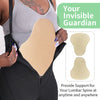 A woman wearing athletic wear holds an invisible guardian support board designed to provide lumbar spine support.