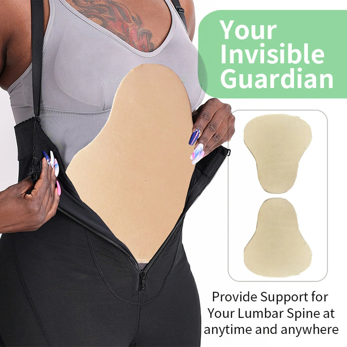 A woman wearing athletic wear holds an invisible guardian support board designed to provide lumbar spine support.