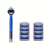 A stainless steel manual shaver with a blue handle and multiple shaving heads.