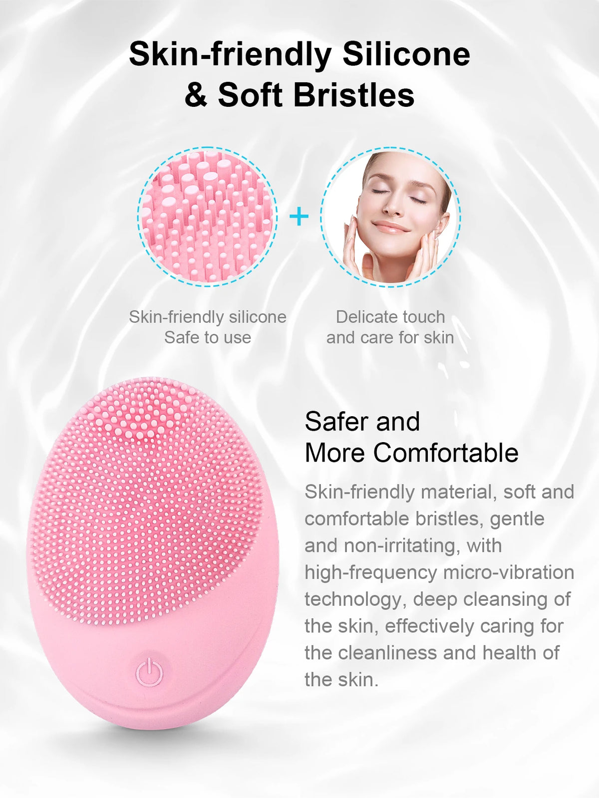 Pink electric sonic facial cleansing brush with soft bristles for skin care