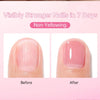 Bouteille de durcisseur Lilycute rose naturel à côté de ongles manucurés montrant avant/après.