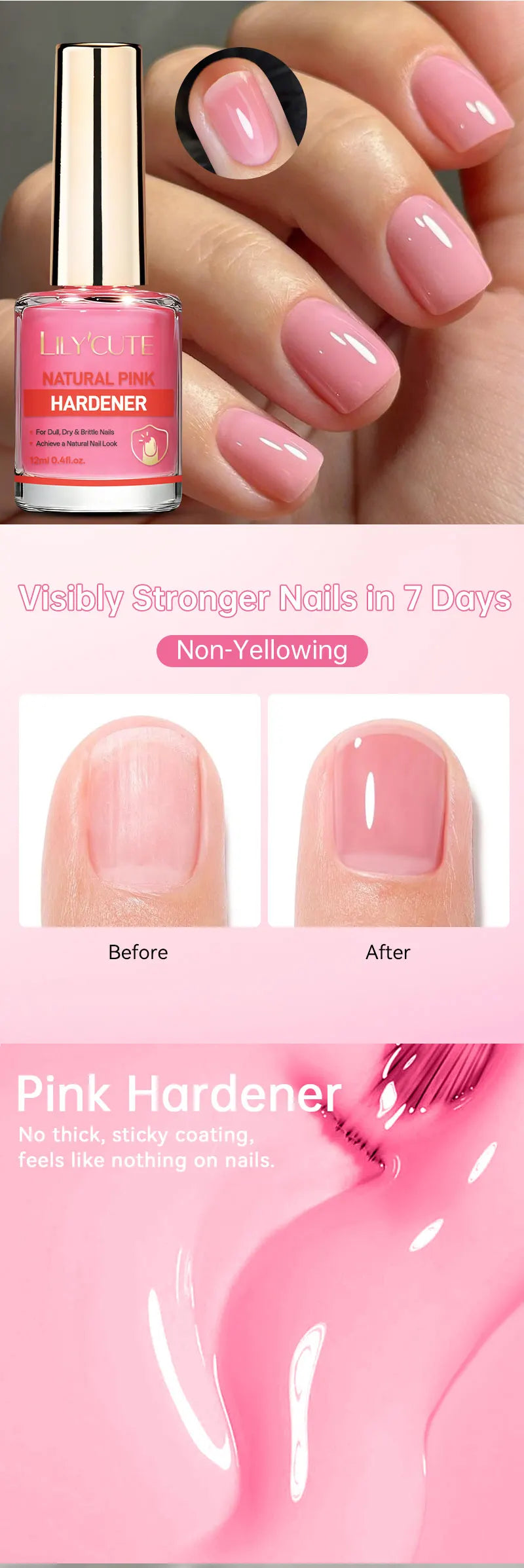 Bouteille de durcisseur Lilycute rose naturel à côté de ongles manucurés montrant avant/après.